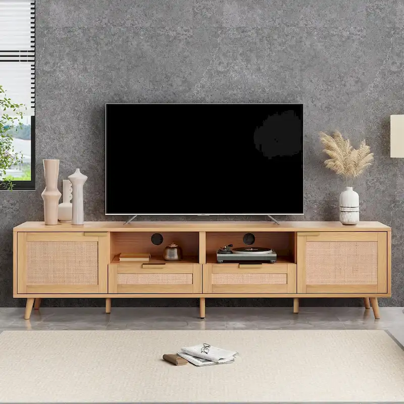 Natural Wood Rattan TV Stand with 2 Cabinets & Open Shelves, Farmhouse Style, Fits up to 85 Inch TV, 1-Person