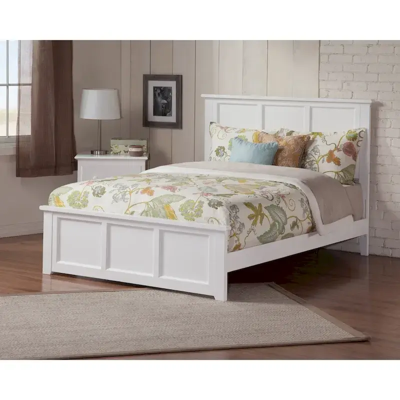 Solid Wood Foundation Bed Frame with Matching Footboard & USB Charging – White, Queen, Sleeps 2