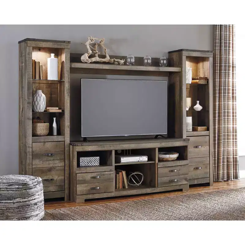 Trinell Pier - Signature Design by Ashley: Rugged Industrial Bookcase with Metal Banding & Nailhead Accents