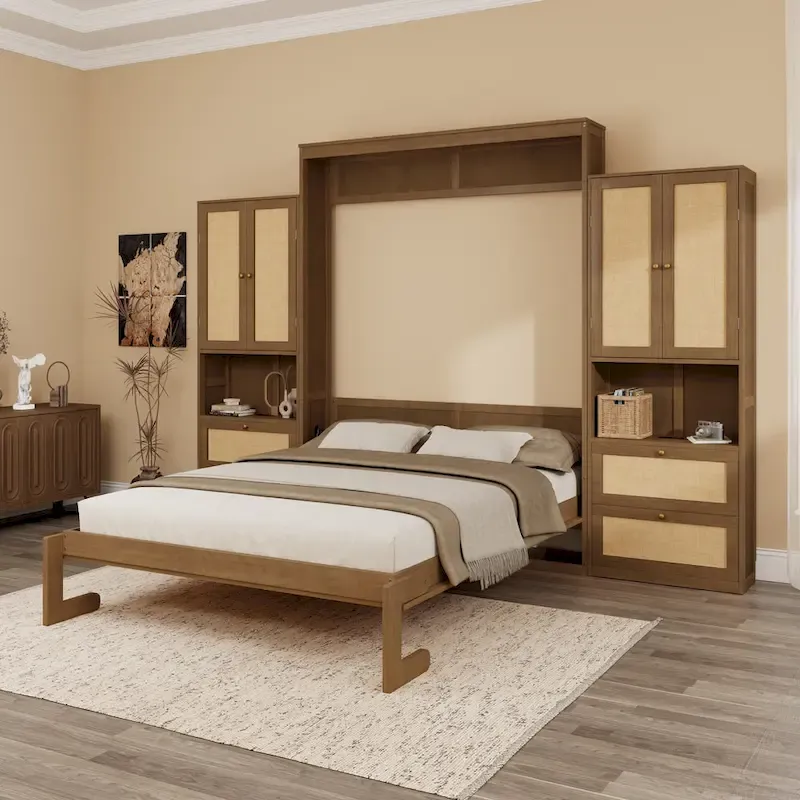 Full Size Solid Wood With Rattan Murphy Bed Cabinet Space-Saving Bed with 2 Side Cabinet Storage Shelves