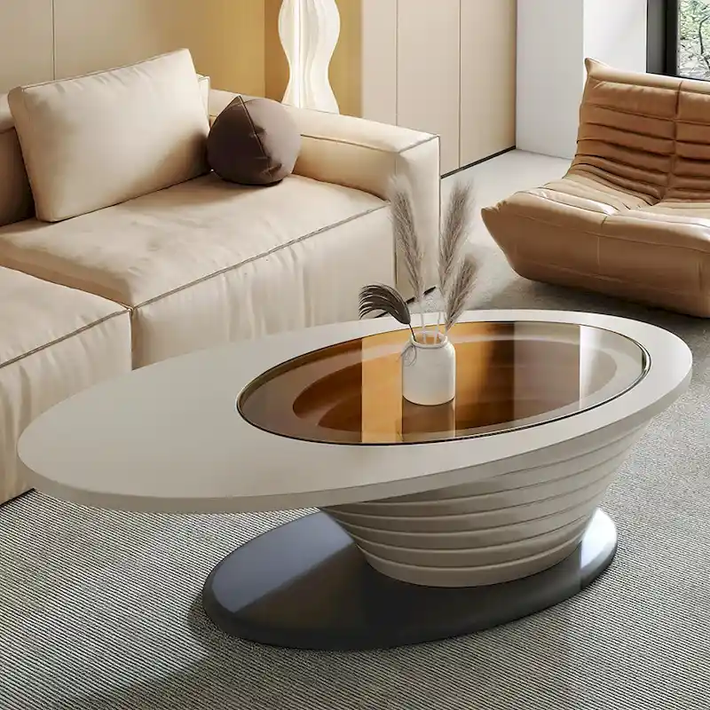 Gray Base Oval Tempered Glass Coffee Table – Modern Minimalist
