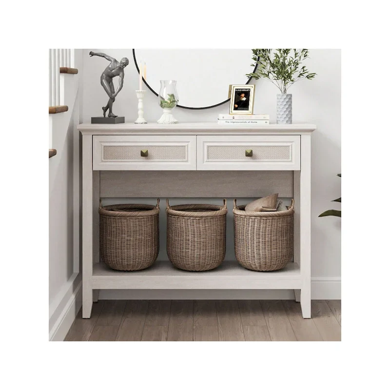 Boho Natural Rattan Console Table With Widened Tabletop & 2 Drawers