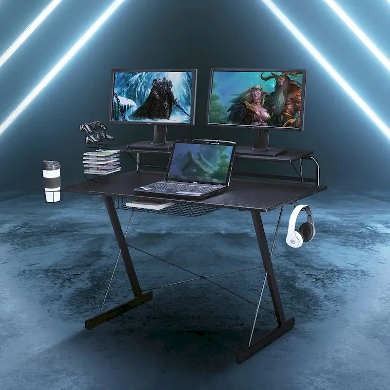 Black L-Shape Gaming Desk with Shelving, Single User