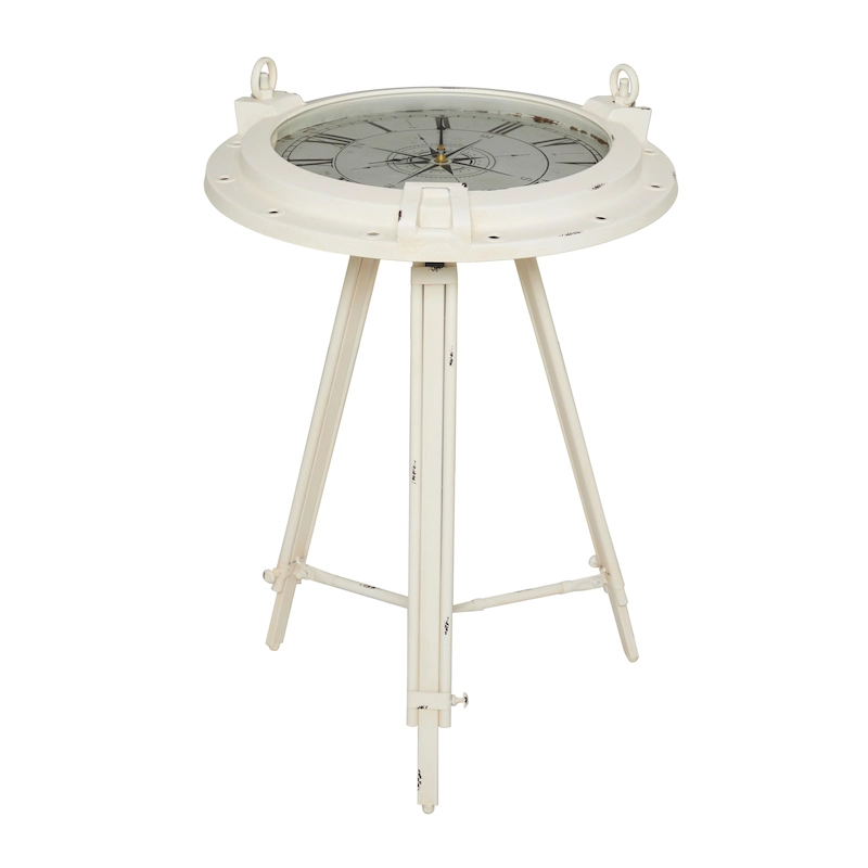 Metal Compass Accent Table with Clock and Clear Glass Top - White or Black - Roche River Decor