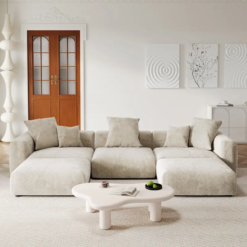 Black / Beige / Light Brown U-Shape Corduroy Modular Sectional Sofa, 5-Seat with 5 Pillows