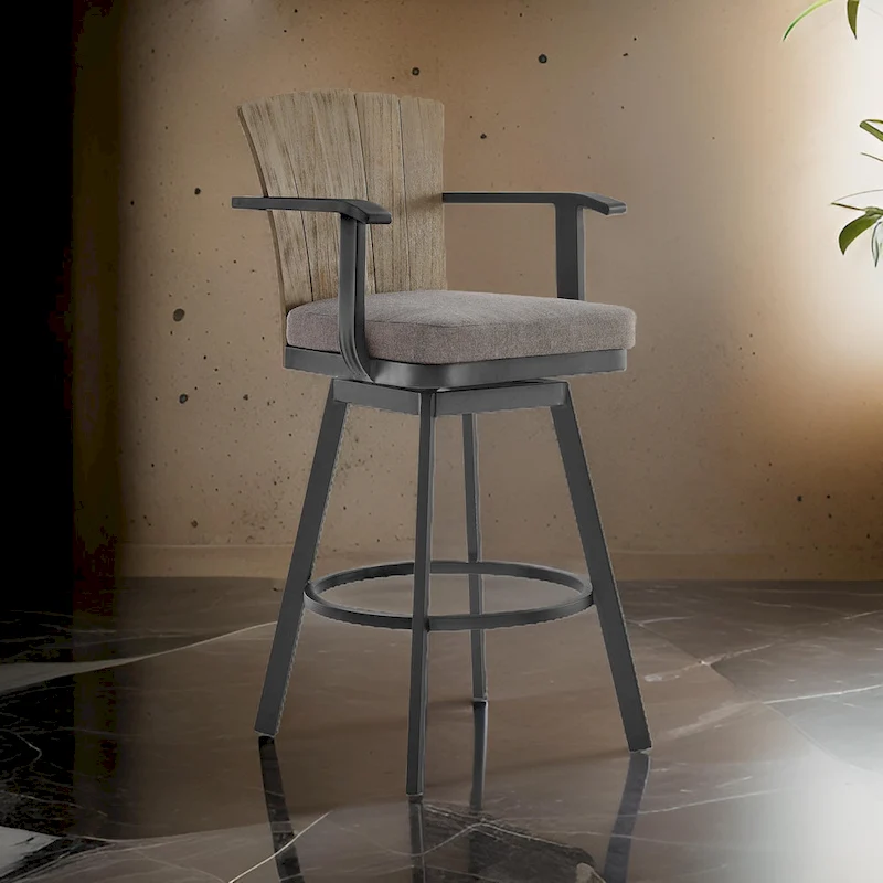 Luna 26 Inch Outdoor Swivel Counter Stool Chair, Rustic Teak Wood, Black