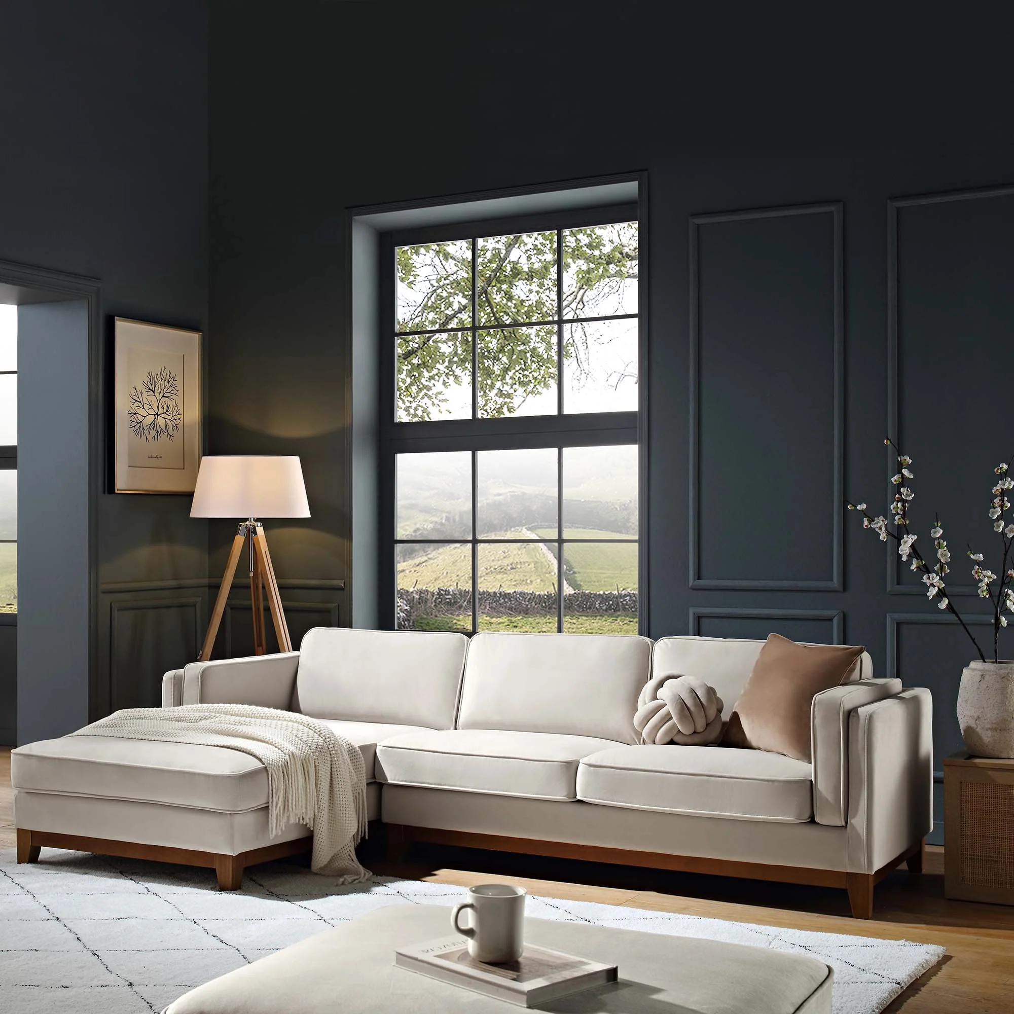 Champagne Velvet Sofa, Grande Chaise Sofa Left Hand Facing