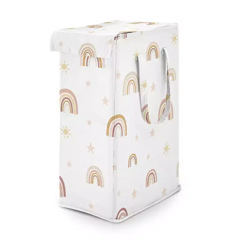 Sweet Jojo Designs Girl Foldable Laundry Hamper with Handles Boho Rainbow Pink Yellow and Beige