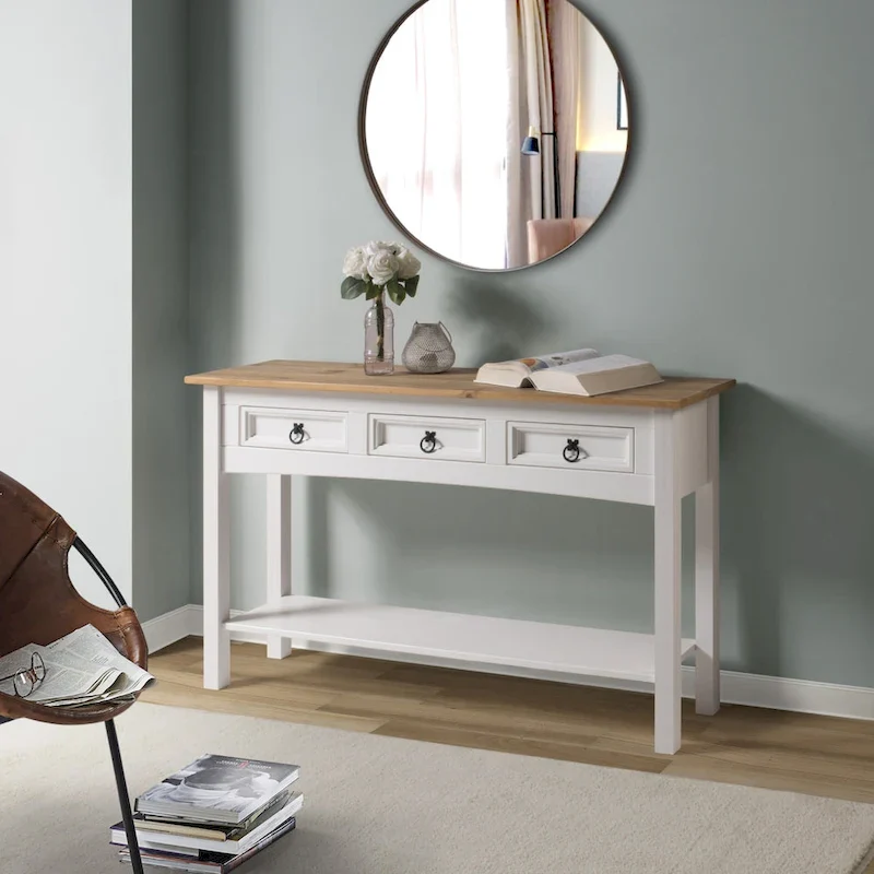 White and Honey Brown Solid Pine Hall Table with 3 Dovetail Drawers and Black Metal Handles