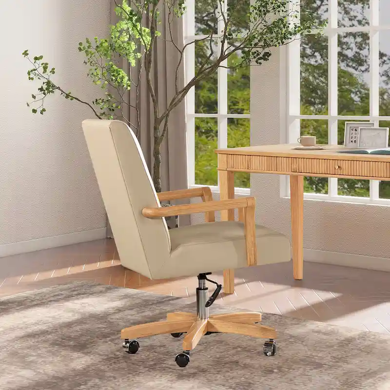 Brown Leather Swivel Office Chair with Wood Accents