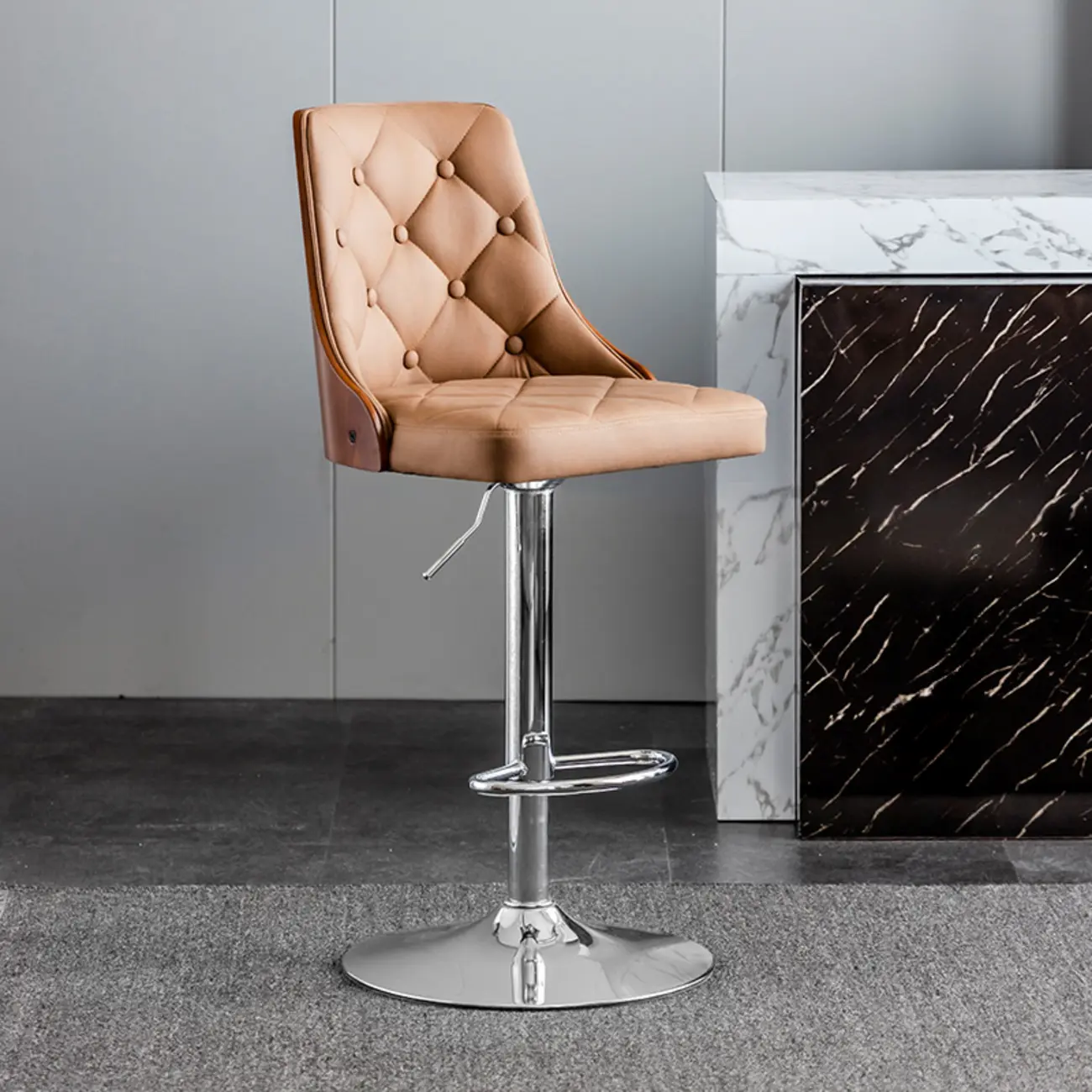 Modern Adjustable Full Back Tufted Leather Bar Stool