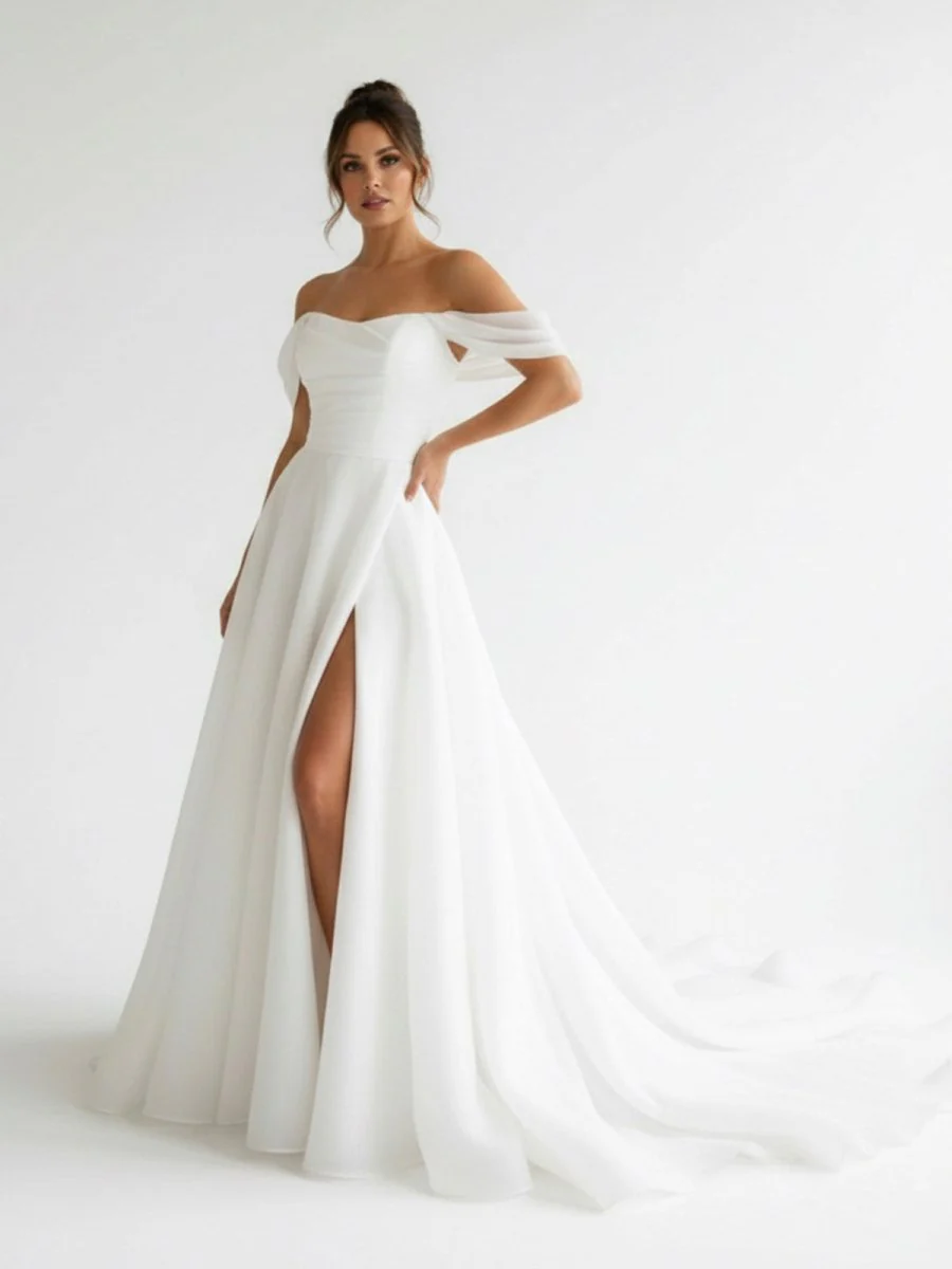 Elegant White Off-the-Shoulder Long Wedding Dress with Slit