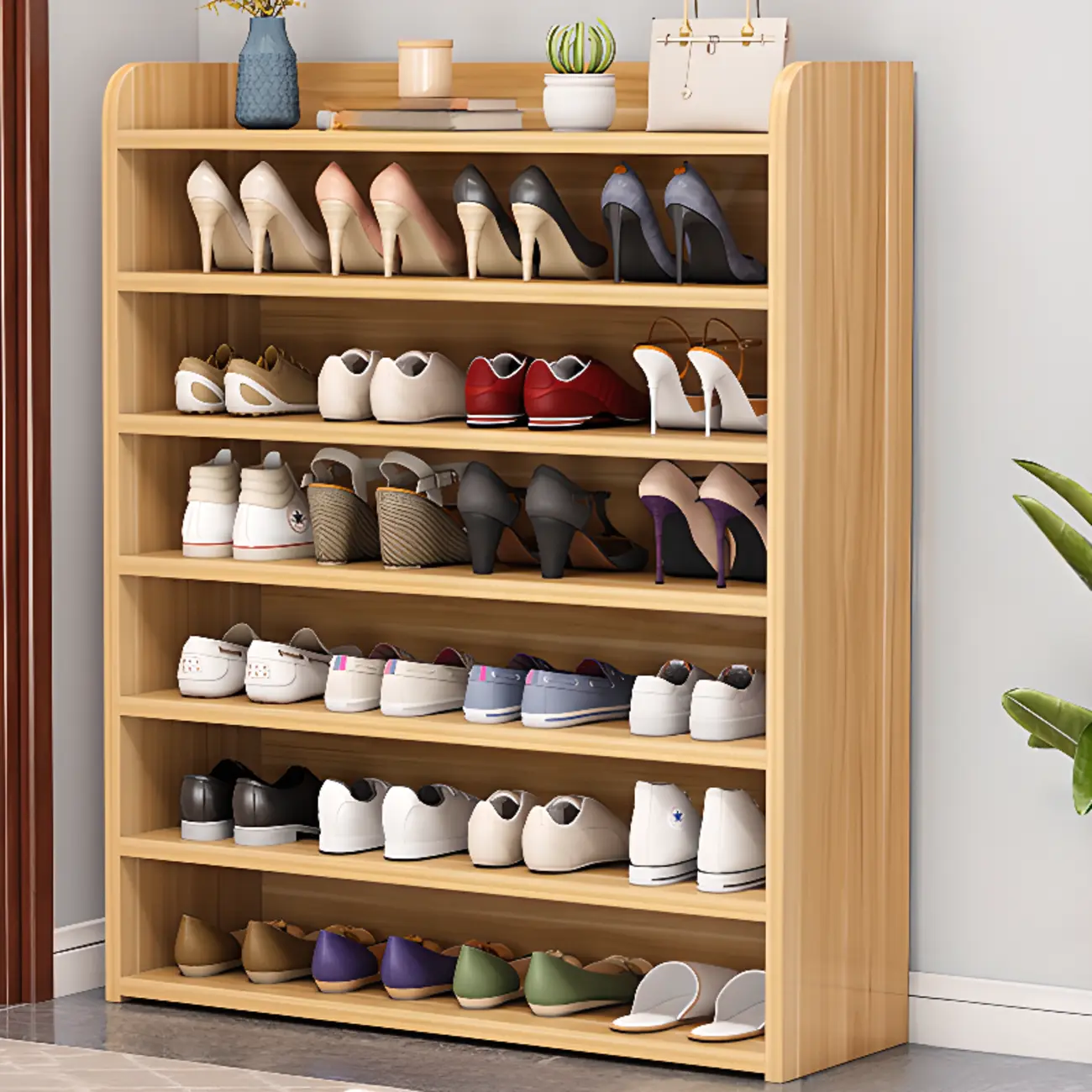 Vertical White Wooden Hallway 6-Tier Open Shoe Rack