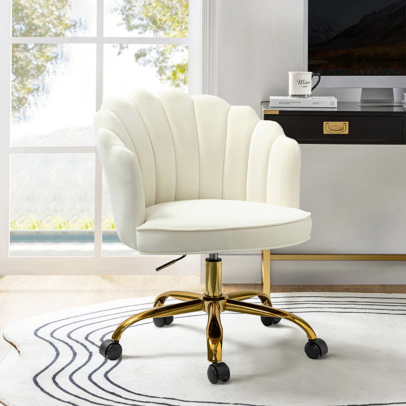 Velvet Flower-Back Swivel Office Chair with Tufting, Adjustable Height & Gold Metal Base | Pink / Black / Teal / Yellow / Grey / Sage / Ivory | Single Seat