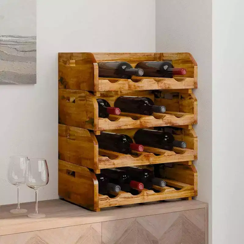 vidaXL Set of 4 Wine Racks - Handmade Solid Reclaimed Wood Holder for 16 Bottles - Rustic Vintage Dcor - Brown
