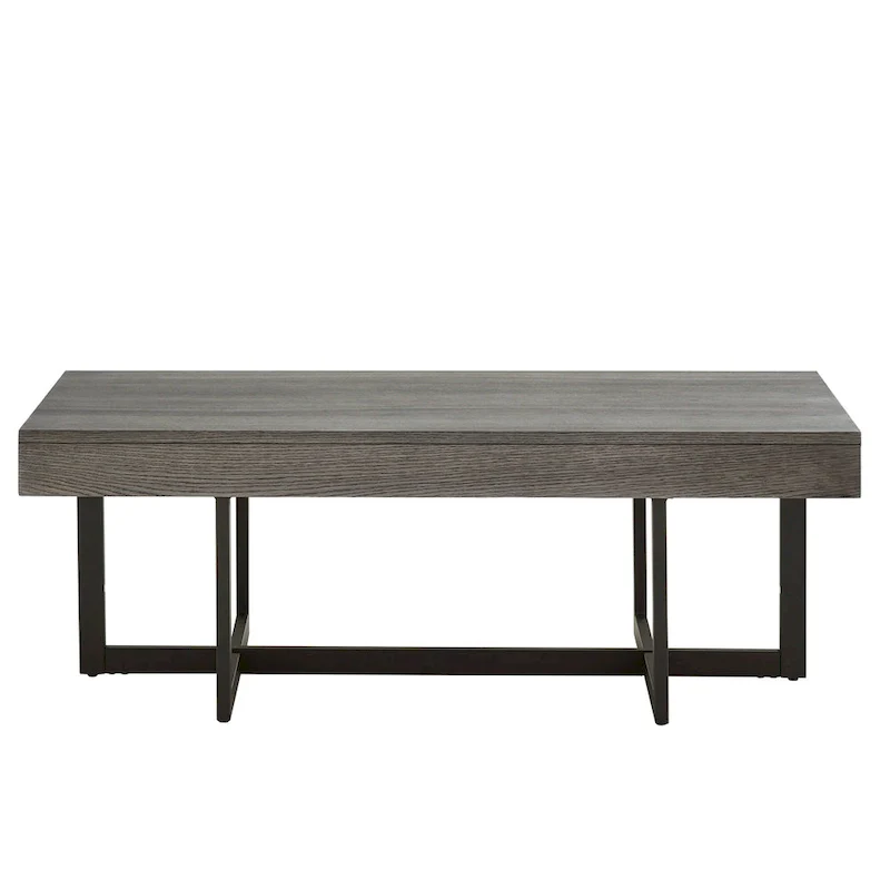 Wood Finish Coffee Table with Two Drawers - Black Metal Frame