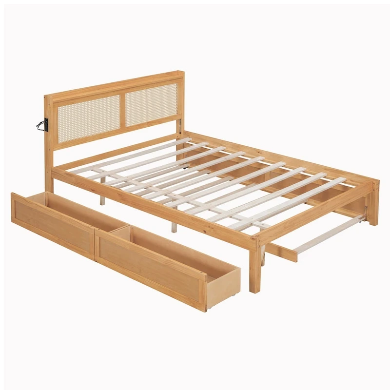 Elegant Bed Frame with Rattan Headboard and Sockets