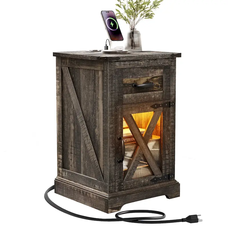 Moasis LED End Table with Shelf and Drawer, Side Table with Charging Station Power Outlet