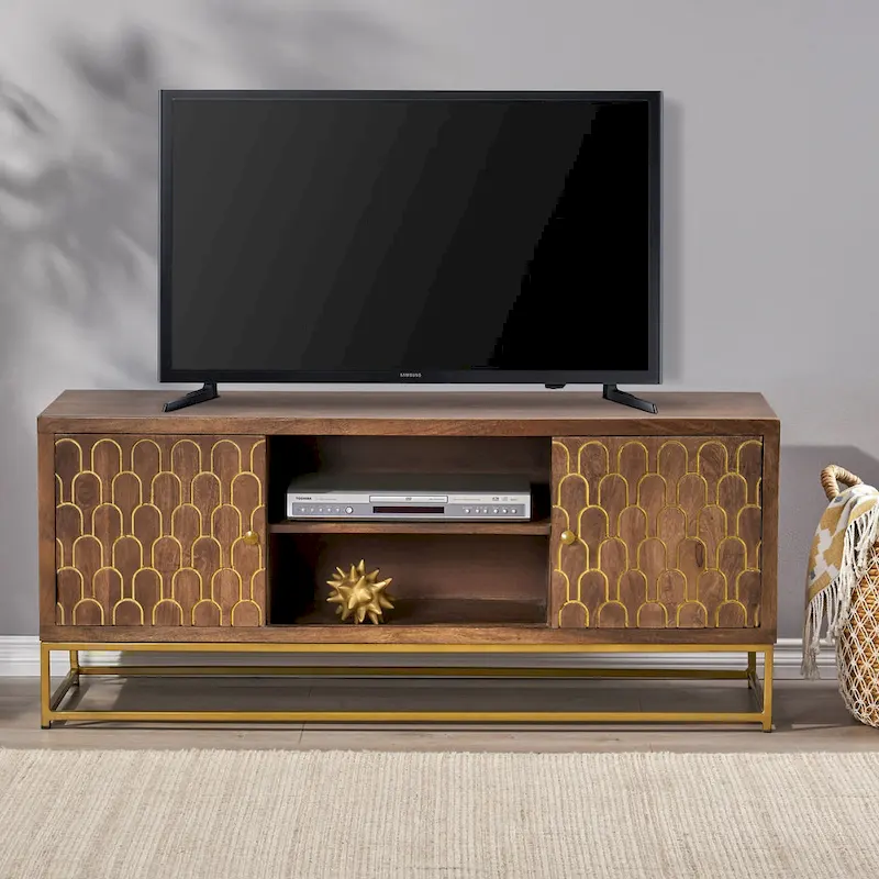 Walnut & Gold Mango Wood TV Stand with Sliding Doors – Mid-Century Modern Style, Fits TVs up to 53