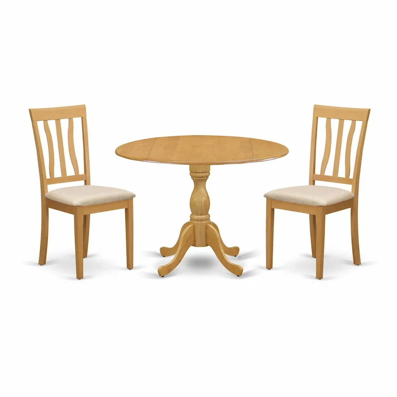 Oak Round Dropleaf Dining Table Set with Linen Chairs, Seats 2–4