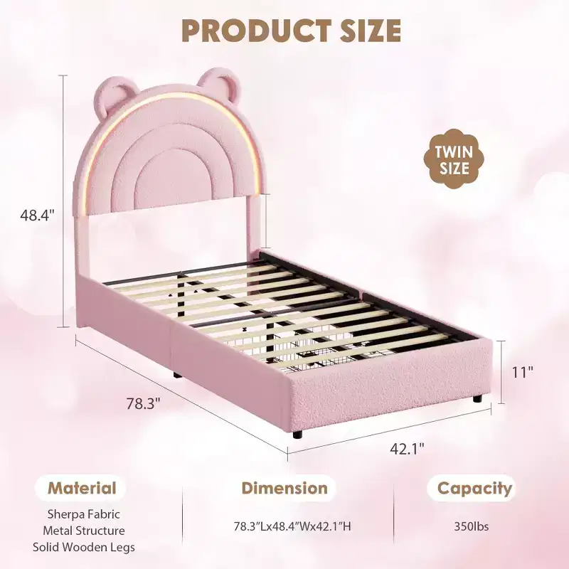 Twin Size Bed Frame with 4 Storage Drawers & LED Lights, Upholstered Platform Bed with Headboard for Kids, Wood Slats Support, No Box Spring Needed