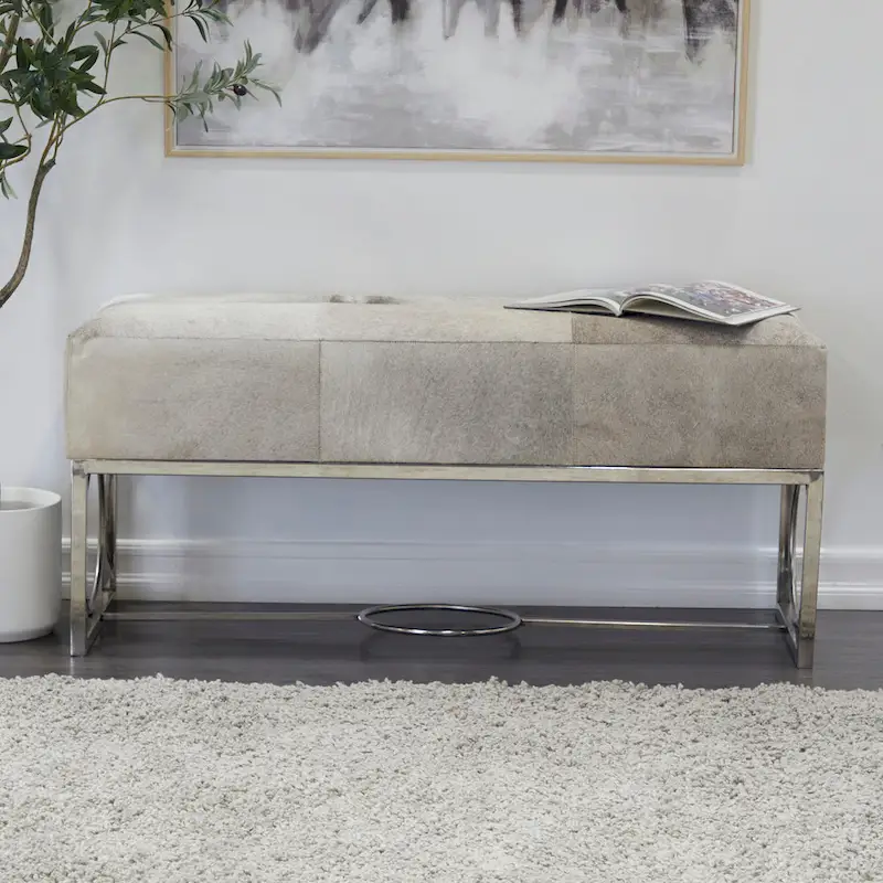 Leather Handmade Cowhide Bench with Geometric Cutout Silver Base - Beige - Roche River Decor - 18W x 48L x 17H