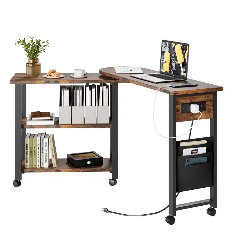 360 Rotating Sofa Side Table with 2-Tier Storage Shelves & Charging Station, Swivel Rolling Desk with Metal Frame and Wheels