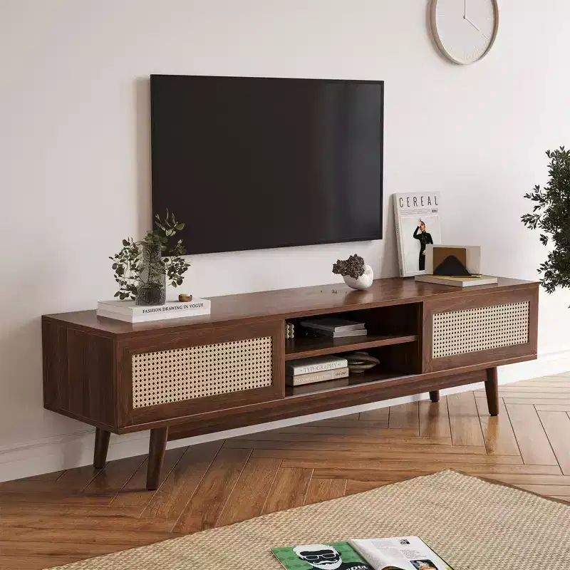 GDFStudio Chihiro 65 Farmhouse Wooden and Rattan TV Stand with Cable Management and Storage