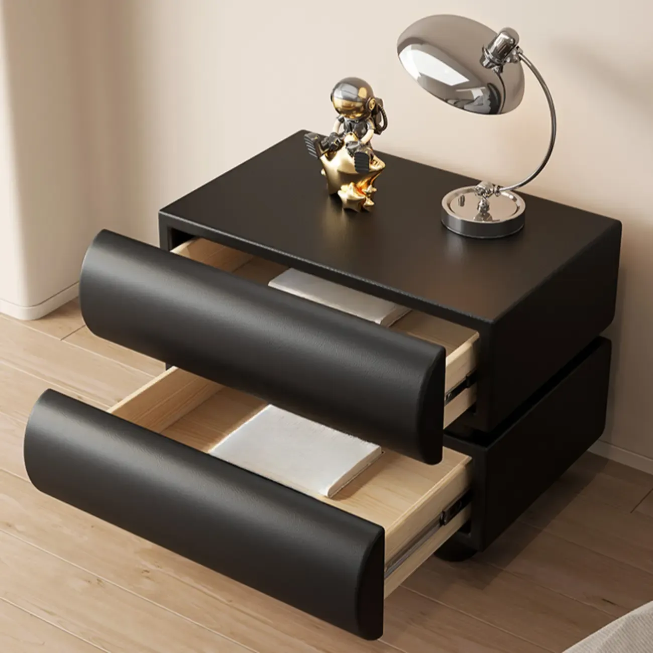 Stylish Black Unique Rounded Wooden Bedside Nightstand