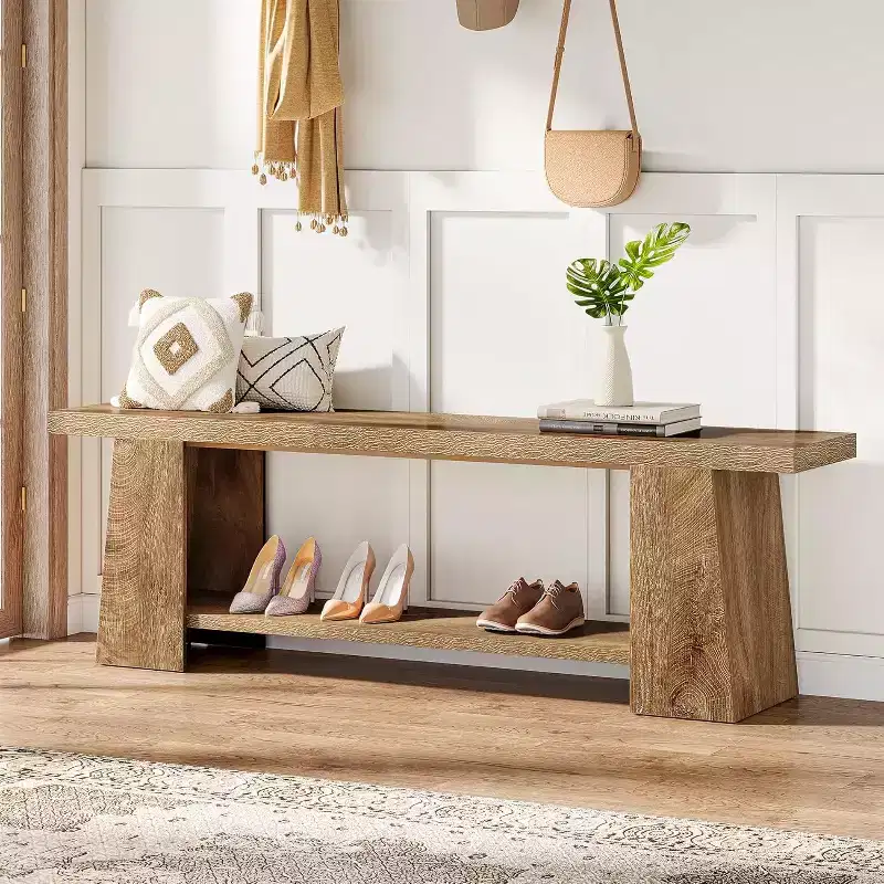 Lantine 2-Tier Entryway Bench, 59-inch Shoe Bench with Storage Shelves, Wood End of Bed Bench for Entryway, Bedroom, Living Room
