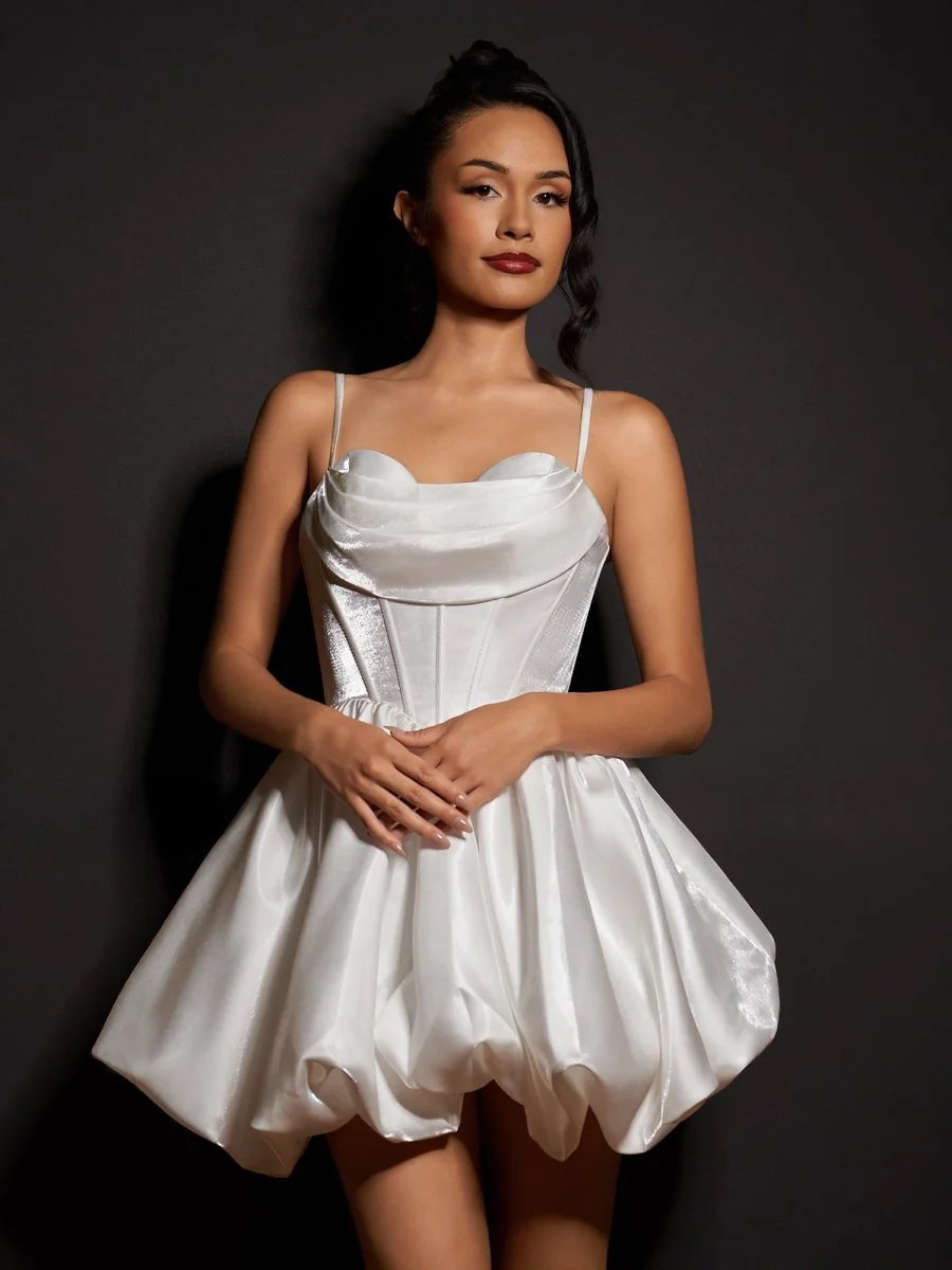 White - A Line Bubble hem Satin Corset Sweetheart Homecoming Dresses