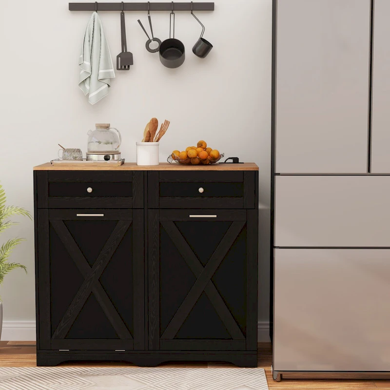 Gymax Tilt Out Trash Can Cabinet w/ Outlets 2 Drawers Adjustable Shelf