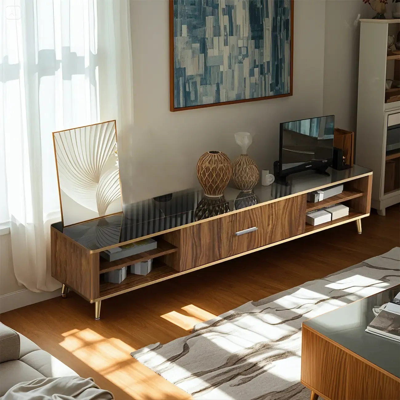 87 Glam Brown Stone Top Solid Wood Open Shelf TV Stand