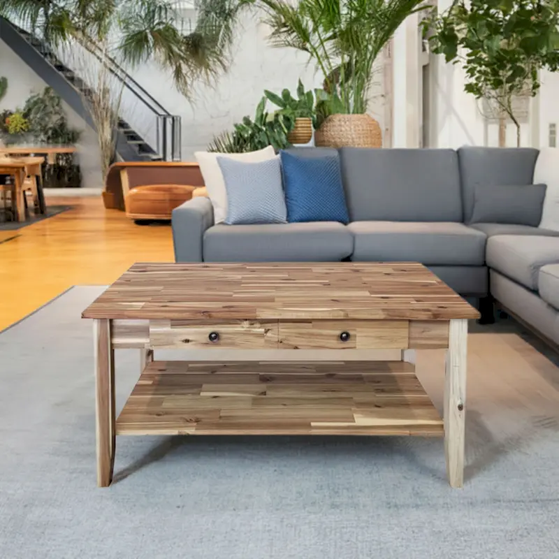 Solid Acacia Coffee Table with Drawer & Bottom Shelf