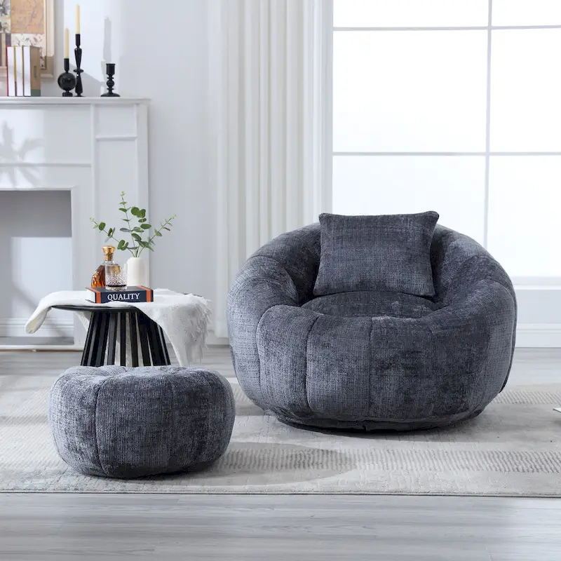 HOMEFUN Chenille Upholstered Round Lazy Cozy Bean Bag Chair with Ottoman and a Pillow