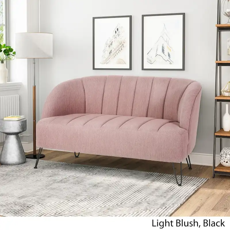 Light Gray / Blush / Beige / Teal Channel-Tufted Fabric Loveseat with Black Hairpin Legs – 2-Seat