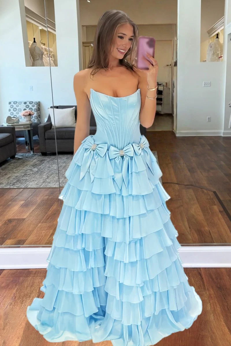 Sky Blue - Scoop Neck A Line Chiffon Tiered Prom Dresses With Bowknot