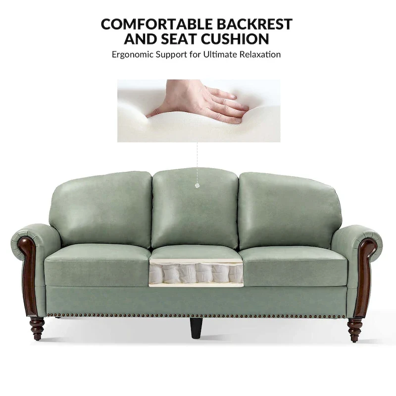 84 Traditional Genuine Leather Sofa with Carved Wood Legs