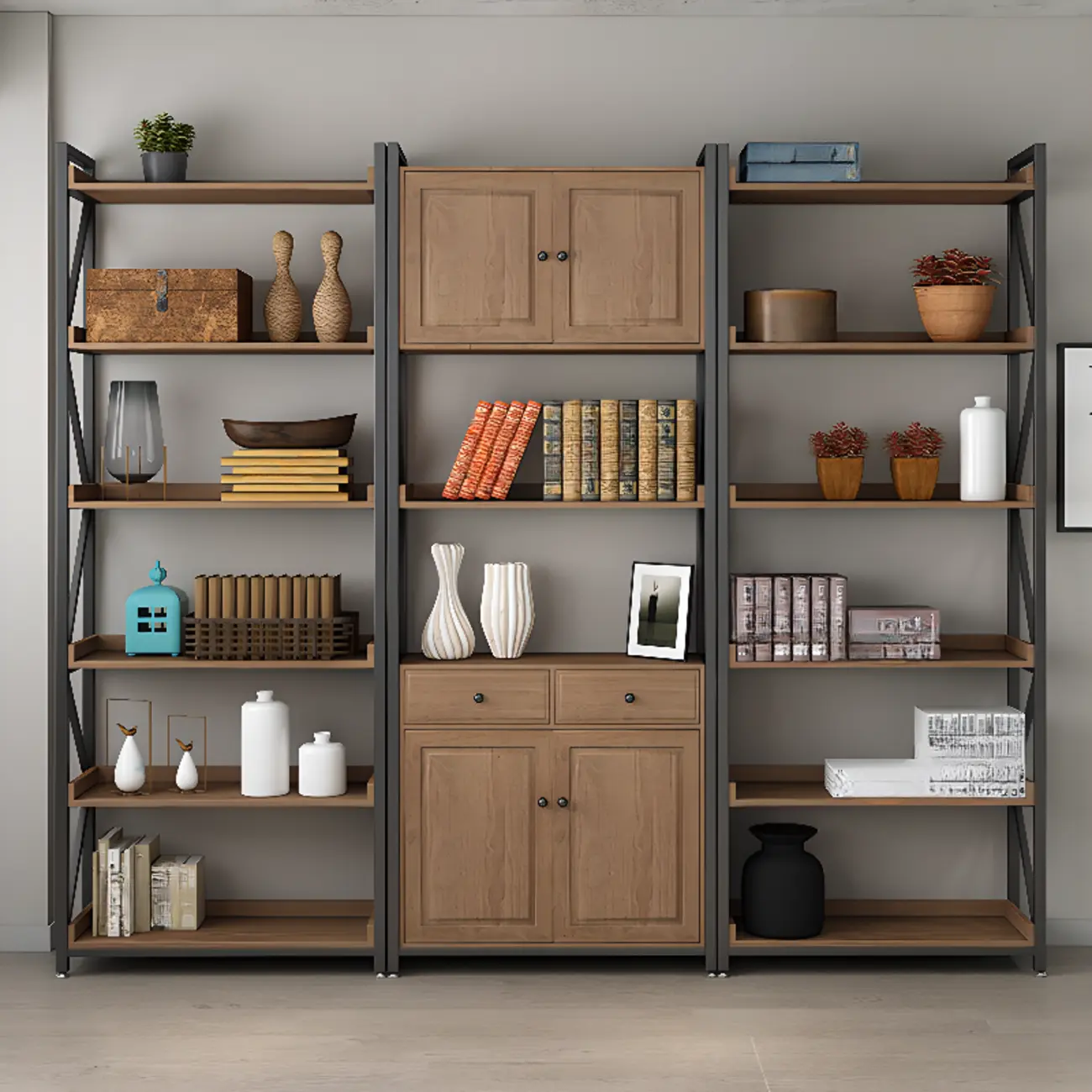 Rustic Brown Metal 6-shelf Open Bookcase with Cabinet