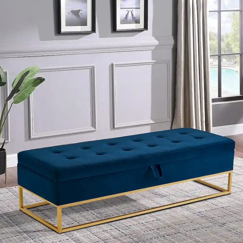 Modern Velvet Upholstered Storage Bench with Flip-Up Seat Top
