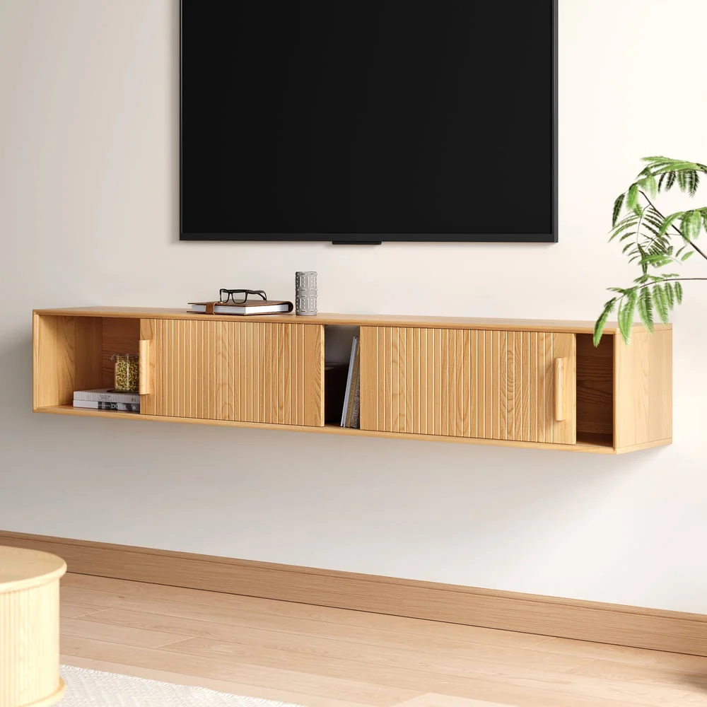 Natural Floating Wood Fluted TV Stand with Storage