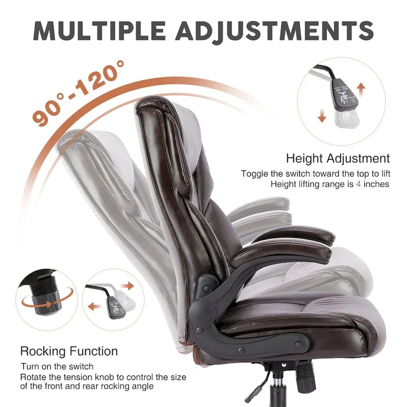 Executive Office PU Leather Desk Chair High Back Flip-Up Armrest Adjustable Ergonomic Home Office Chair