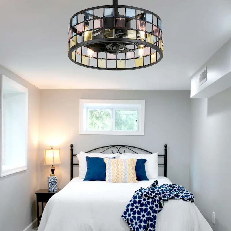 Oaks Aura Coronel 18in. DIY Tiffany Stained Glass Modern Ceiling Fan with Lights, Industrial 3-Speed Caged Ceiling Fan w/Remote