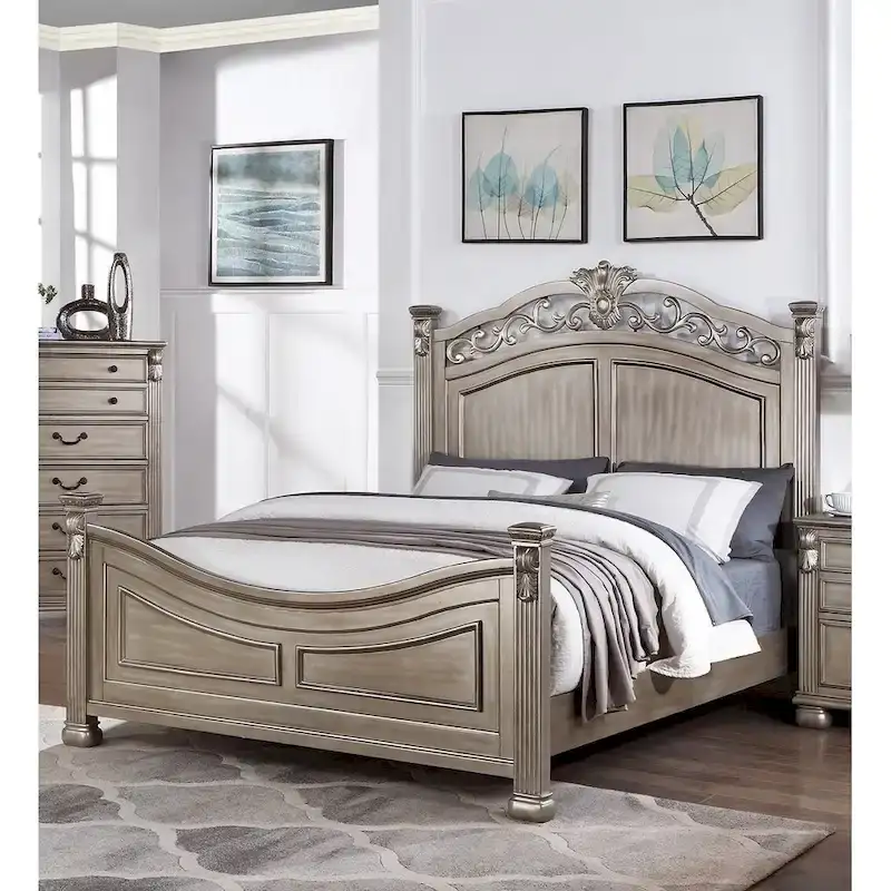 Formal Traditional Antique Silver 1pc California King Size Bed Unique Design Headboard Footboard Bedframe