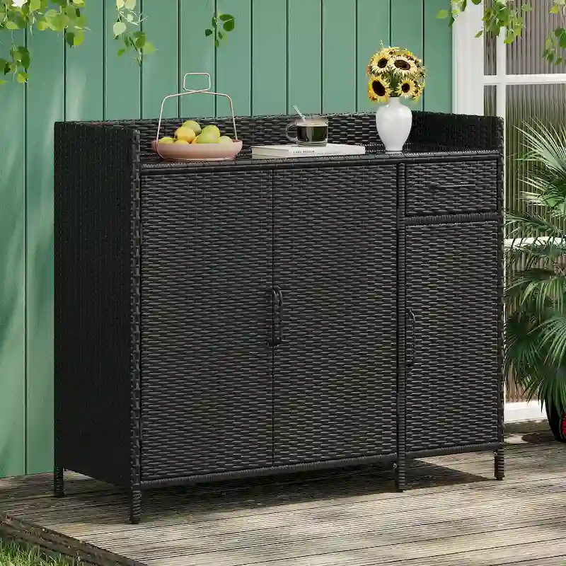 Wicker Outdoor Storage Cabinet Weather-proof Kitchen Island Rattan Bar Table with Tempered Glass Desktop and Drawer Pool Toys