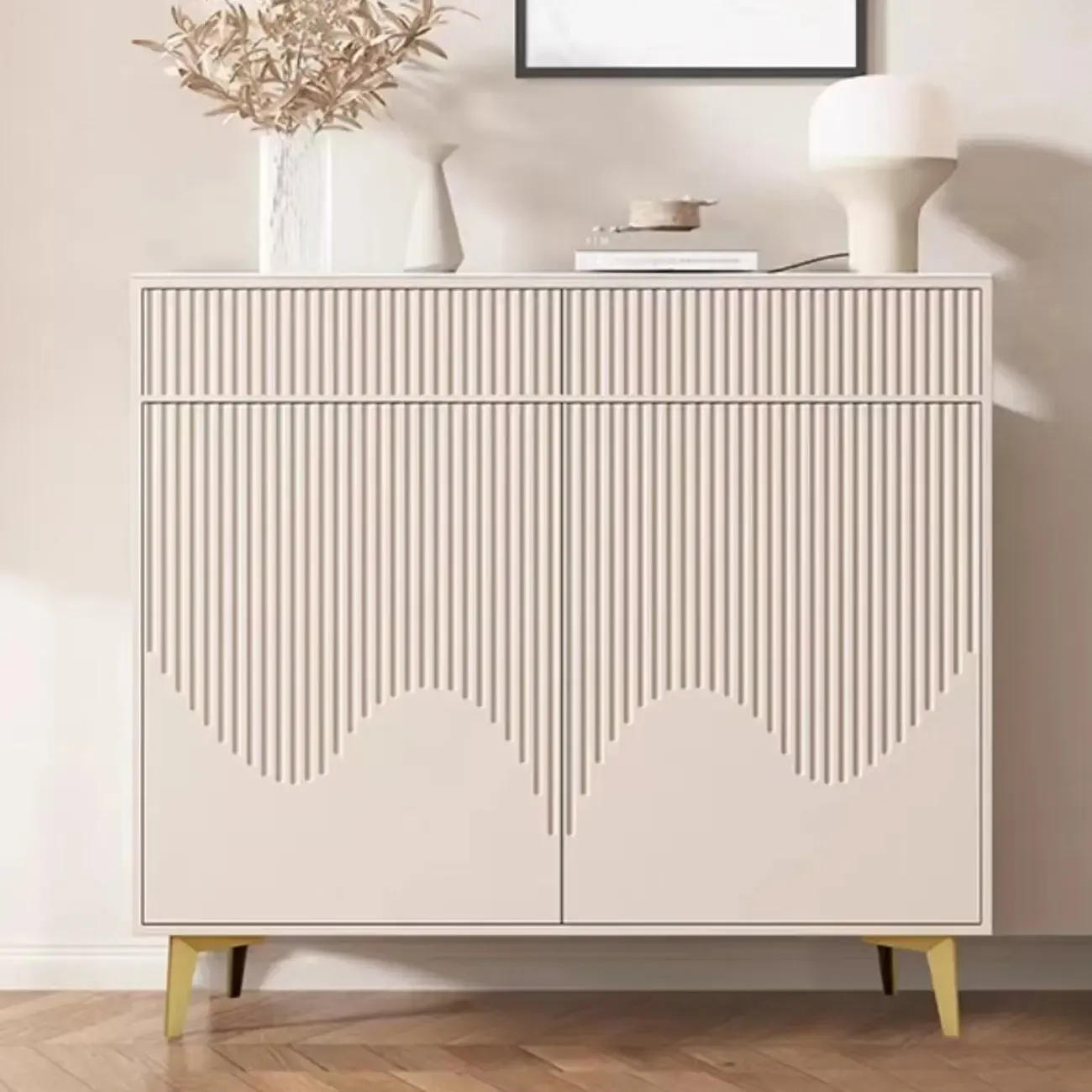 Khaki Accent Cabinet with Unique Finish for Indoor Decor