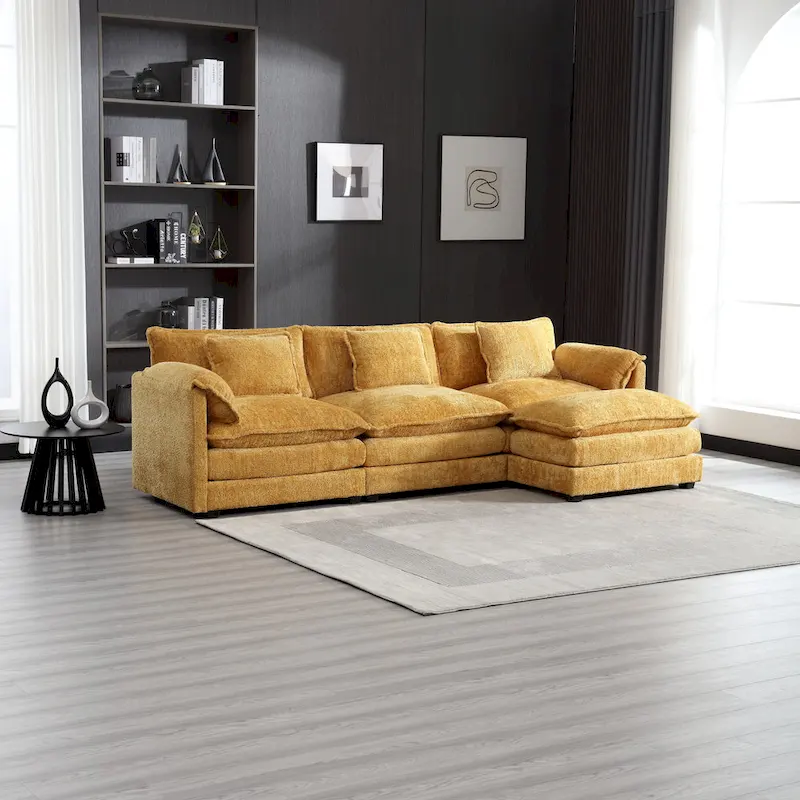 Yellow 112.2 L-Shaped 4-Seat Sectional Sofa in Modern Boucle Fabric with Removable Cushions and Detachable Armrests