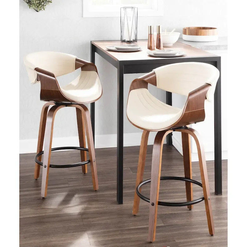 Faux Leather Counter Stool with Bent Wood Legs & Round Footrest (Set of 2)