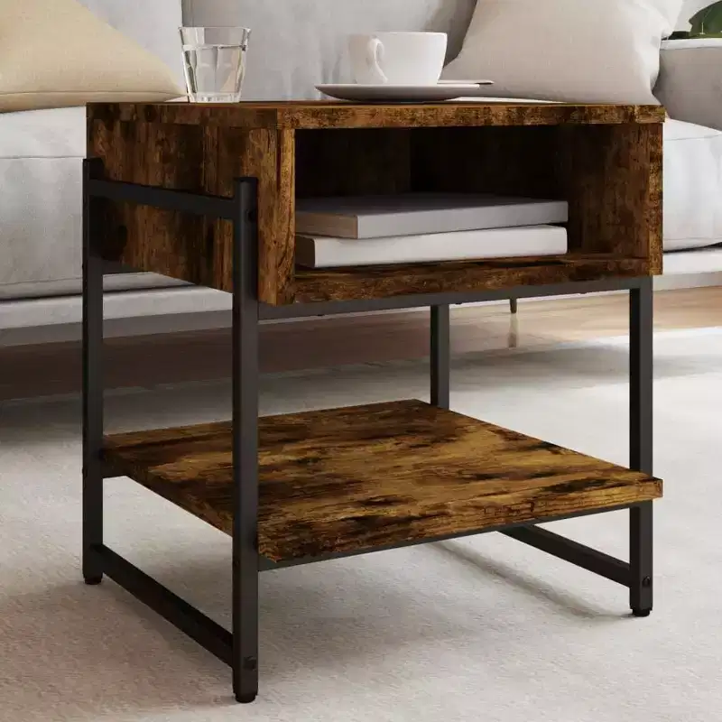 vidaXL Smoked Oak Coffee Table - Industrial Style Accent Furniture for Living Rooms - Engineered Wood with Metal Frame, Storage Shelf, Adjustable Feet