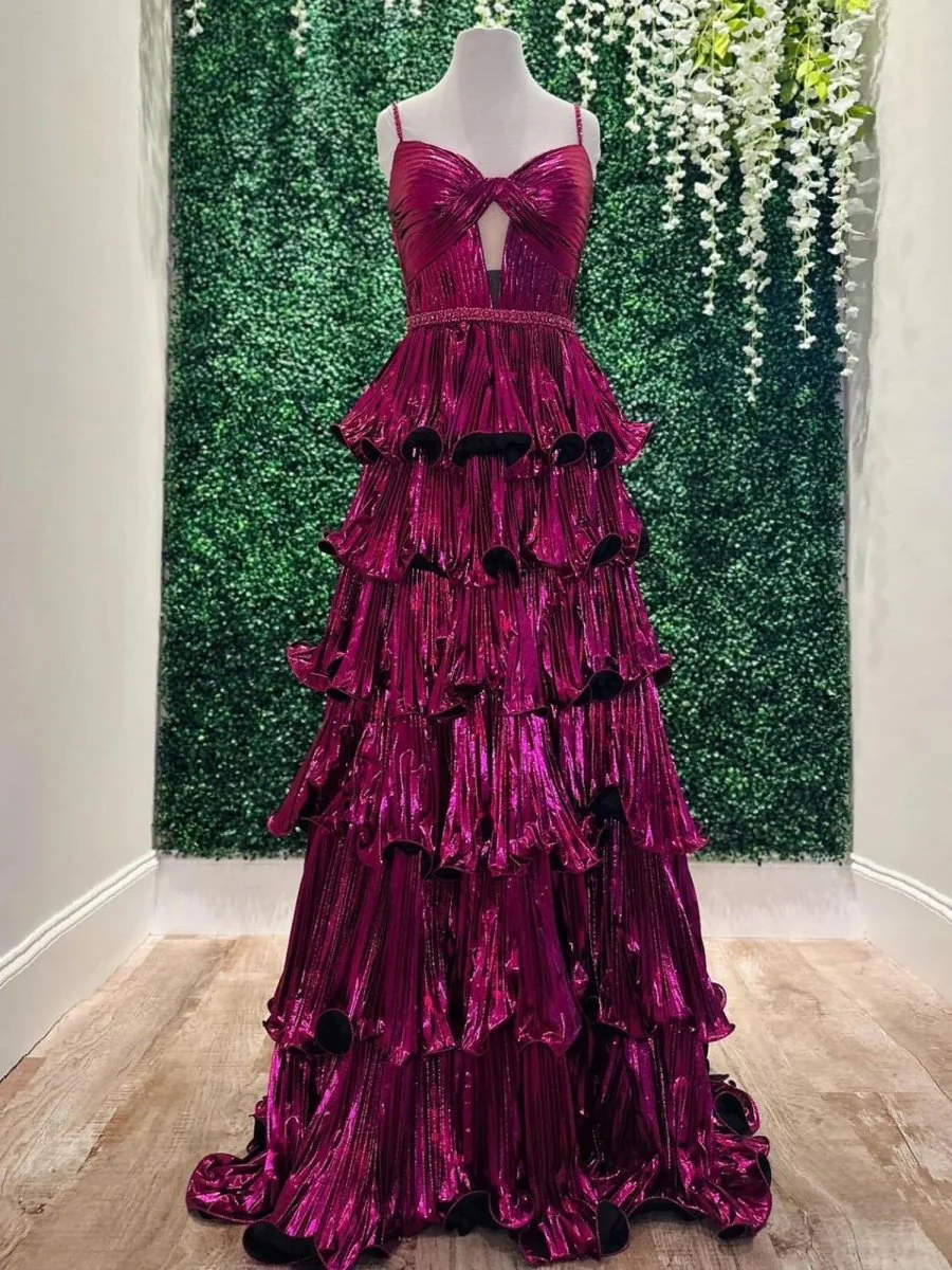 Sweetheart Spaghetti Straps Tiered A-Line Metallic Prom Dress